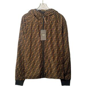 Fendi Dark Brown Logo Monogram Reversible Hooded Zip-Up Jacket